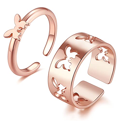 Leiwelry Butterfly Rings for Women Men, 2Pcs Matching Butterfly Rings for Couples Cute Trendy Promise Rings Set for Teens Bestie and Girls Gold Plated Split Ring Jewelry (Rose Gold)
