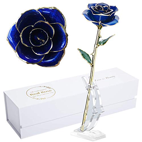 Image of Birthday Rose Gift for her,24k Golden Real Fresh Long stem Rose and Best Birthday Gift for her Rose,Blue with Stand