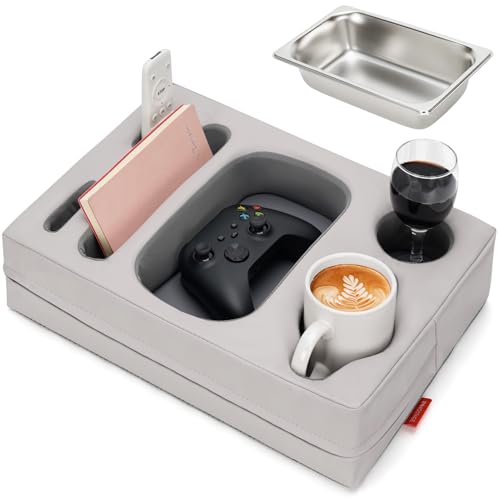 Couch Cup Holder Pillow - Sofa Cup Holder with Stainless Steel Bowl Couch Drink Caddy Remote Snacks Cozy Mug Cupholder Buddy for Bed, Car, Man Cave, Rv, Tv, Backseat (PUGrey)