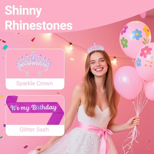 Birthday Tiara and Crown with Sash, Birthday Tiara for Women Party (Purple)