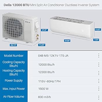 DELLA 12000 BTU Wifi Enabled Mini Split Air Conditioner & Heater Ductless  Inverter System, 17 SEER 115V Energy Efficient Unit W/ 1 Ton Heat Pump, ...