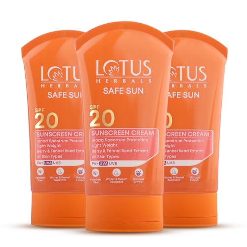 Image of Lotus Herbals Safe Sun Sunscreen Cream - Breezy Berry SPF 20 PA+| Sweat & Waterproof, Non-Greasy| Berry extract| | All skin types|50g (Pack Of 3)