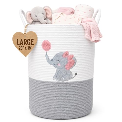 Image of Elephant Baby Laundry Basket for Girl Nursery, Pink Rope Hamper, 20x15 in