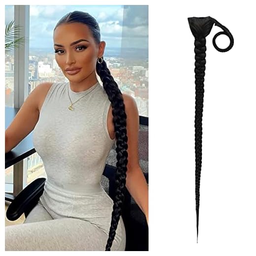 Instant Glitz 42 Inch Long Braided Ponytail Extension for Black Women Clip in Ponytail Extensions Wrap Around Box Braid Ponytail Hair Piece Fake Hair Ponytail (42 Inch (Pack of 1), 1 (Jet Black))