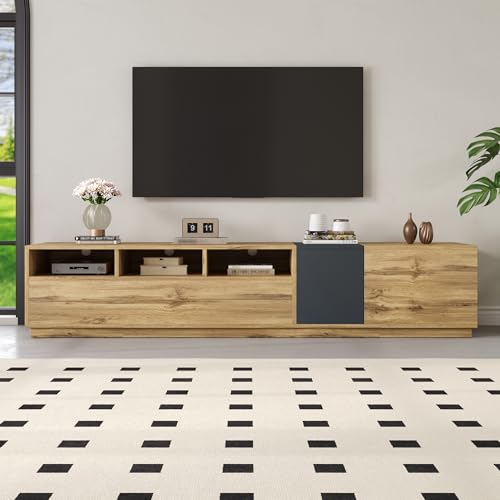 Merax Meuble TV 200 x 45 x 45 cm, avec plateau en bois, support TV moderne avec compartiments ouverts, ouvertures pour câbles et portes fermées, pour salon, couleur...