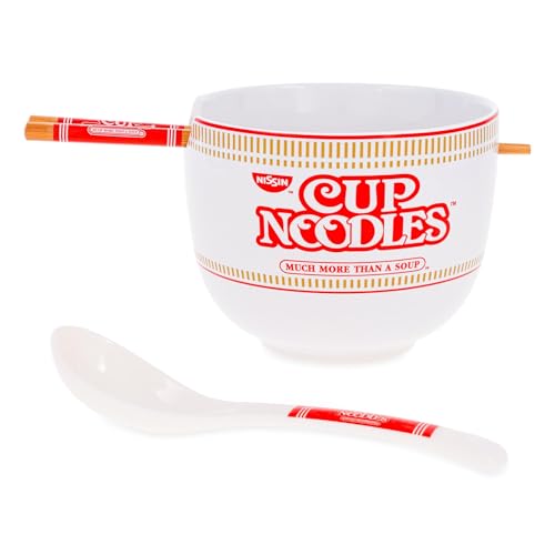 Image of Silver Buffalo Nissin Cup of Noodles “Much More Than a Soup” Ceramic Ramen Bowl Set with Chopsticks and Spoon, 20 Ounces