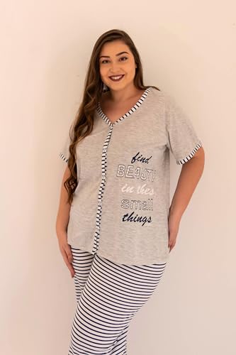 Pijama Feminino Plus Size Aberto De Botões Pescador Verão (58)