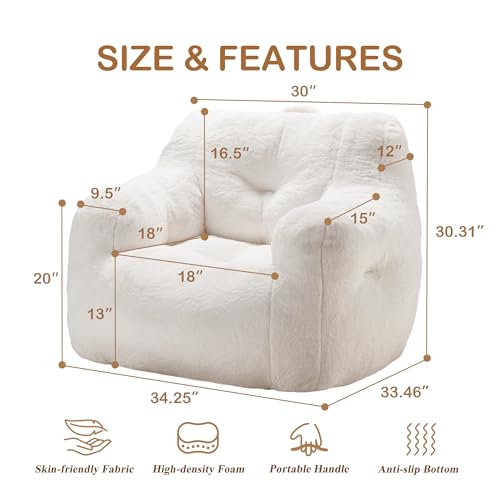 Image of Hobestluk Bean Bag Chair for Adult Small Bean Bag Chairs with Arms Furry Beanbag Chair with Foam Filler Stuffed Bean Bag Sofa for Reading in Bedroom Living Room and Dorms(White)