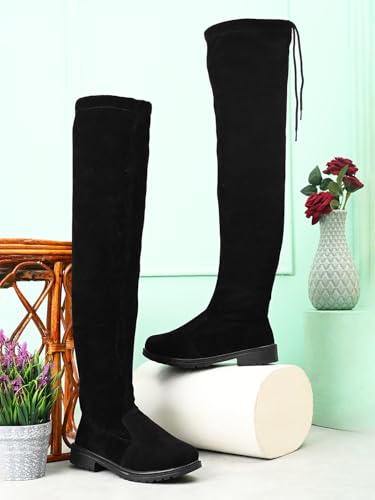 Image of XE Looks Women's Over-the-Knee Long Boots | Stylish Suede Finish with Tie-Up Detail | Comfortable Block Sole Winter Footwear for Girls and Women