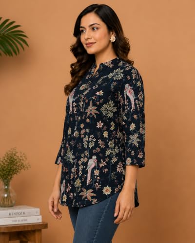 Image of Women's Floral Printed Cotton Kurti Summer Cotton Tunic Top for Girls