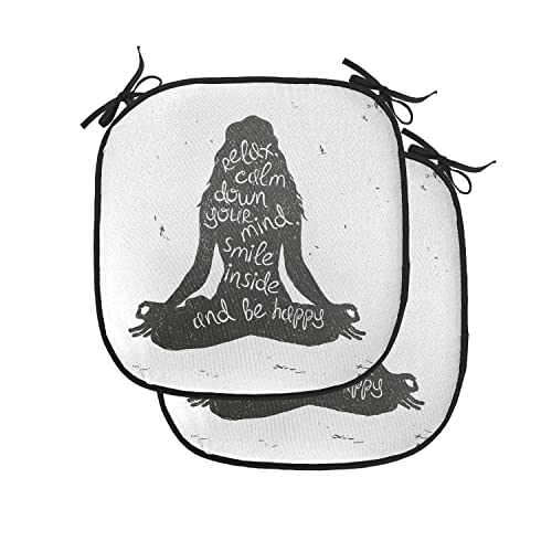 Lunarable Yoga Chair Cushion Pads Set of 2, Relax Calm down Smile Be Happy Typography Poster Woman Silhouette Sitting Yoga, Anti-slip Seat Padding for Kitchen & Patio, 16
