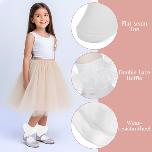 Image of Yolev 3 Pairs Lace Socks for Girls White Ruffle Socks White Crew Cute Frilly Ankle Lettuce Dress Sock Lightweight Cotton Sock