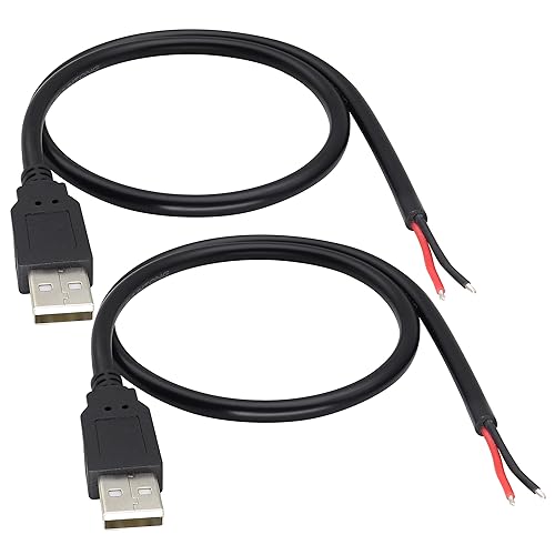 HCFeng 18AWG USB 2.0 Male Plug to 2pin Bare Cable USB A Male Plug to 2pin Bare Wire Pigtail Open End Extension Adapter 5V 5A Power Charge Wires DIY Connector Cable [2PacK/Black][0.5M/1.6ft]