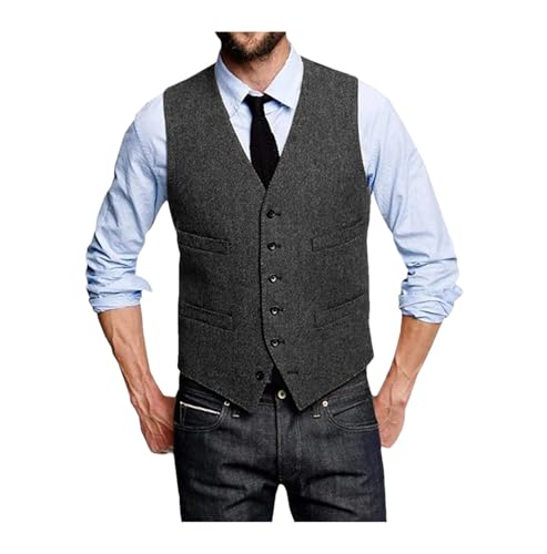Mnjyihy Men's Vintage Slim Herringbone Wool Splicing Suit Vest Single Breasted V-Neck Business Prom Waistcoat