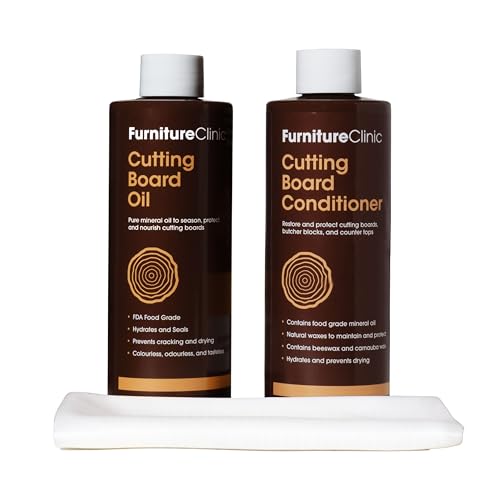 Furniture Clinic Kit de Mantenimiento para Tablas de Cortar - Limpia, Mantiene, Protege y Restaura Tablas de Cortar - Incluye Aceite para Tablas de Cortar 250ml y Acondicionador - 250ml