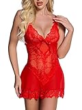 Kaei&Shi Baby Doll Lingerie for Women,Deep V Scalloped Floral Lace Sexy Babydoll Dress,Slip Mesh Sheer Negligee Lingerie Set Petite Valentine Day Red Small