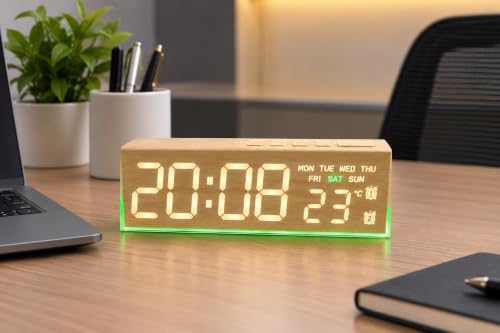 Image of 7 inch Digital Alarm Clock with LED Display, Dual Alarms & Soft Bottom Light, Displays Time, Date, Day, Temperature, 12 /24 Hour Format, Adjustable Brightness, Desk /Table Clock for Home (W Green)