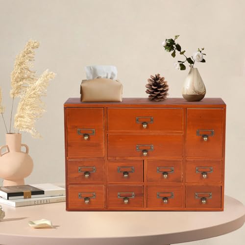 BuufuS Desktop Drawer Organizers, 12 Drawers Utility Storage Cabinet with Metal Handles 3 Sizes Tabletop Storage Organization Boxes for Home Office Storing Keys Cosmetics Other Personal Items (Brown)