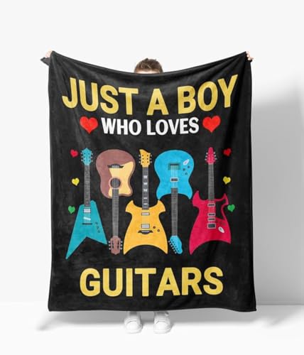 Couverture en flanelle chaude en peluche avec inscription Just A Boy Who Loves Guitars - Couverture polaire super douce et confortable - Cadeau pour enfants, adolescents et adultes - 101,6 x 127 cm