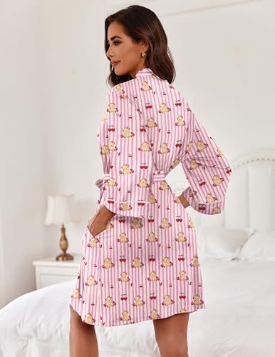 Image of Ekouaer Women Kimono Robes Knee Length Knit Bathrobe Lightweight Soft Sleepwear V-neck Casual Ladies Loungewear