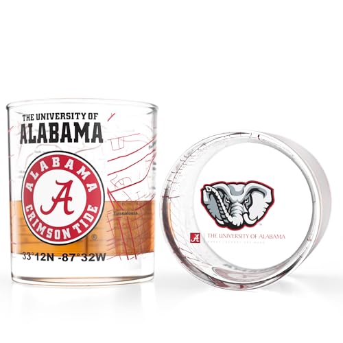 Image of Greenline Goods - University of Alabama Crimson Tide College Whiskey Glasses (Set of 2), 10 oz - Full-Color Logo + Campus Map
