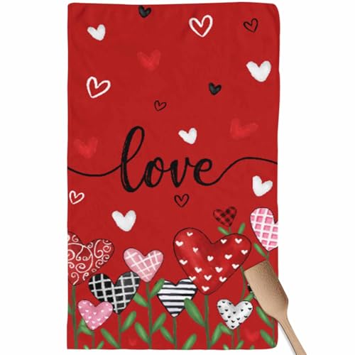 Image of Valentines Kitchen Towels Love Heart Flower Hand Towels Black Red Valentines Day Dish Towel Soft Absorbent Quick Drying Dish Cloths 18x28 Inch Anniversary Wedding Decoration