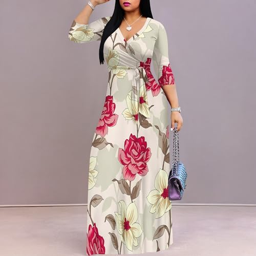 Image of PinkPatty Women's Print Maxi Dresses 3 /4 Sleeve Flowy Long Dress V Neck Wrap Tie Waist Sundress