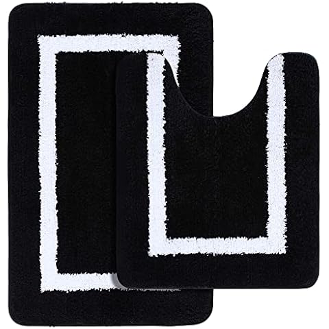 Kitinjoy Microfiber Bathroom Rugs and Toilet Rugs U-Shaped, Bath Rug Size 16x24 and Toilet Rugs Size 20x24 in Black, 2 Item Bundle Cover