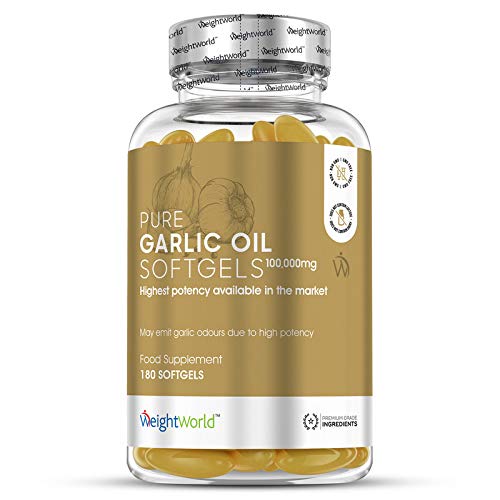 Ajo Dosis Alta 100,000mg, 180 Cápsulas | Perlas Extracto de Aceite de Ajo, Mejora Circulación, Rico en Alicina, Vitaminas y Antioxidantes, Sin Gluten, Suplemento Alimenticio Potente para Adelgazar