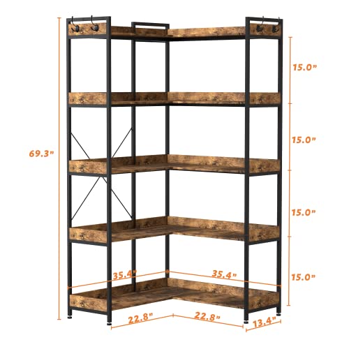 Heodmaem 5 Tier Corner Bookshelf, Modern Industrial Corner Bookcase For Bedroom And Office, Wood And Metal Tall Book Shelf, Heavy Duty Shelves For Open Storage, Rustic Brown #TOP2