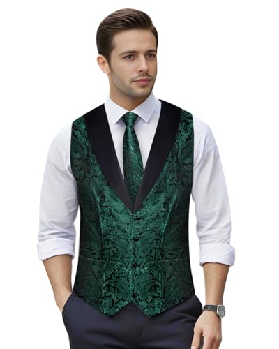 Image of DiBanGu Mens Paisley Suit Vest Silk Jacquard Waistcoat and Necktie Set Formal Shawl Collar Dress Vest 7PCS for Wedding Party