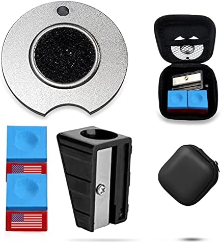 3 Set Billiards Pool Table Accessories Including 2 Pieces of Pool Cue Chalk Cubes, Pool Cue Tip Shaper Dime Radius, Billiards Pool Cue Tip Repair Tool, Portable EVA Storage Box