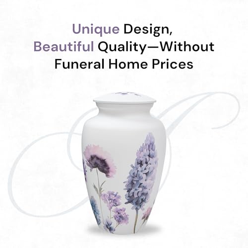 Image of Cremation Urns for Human Ashes Adult Female | Human Urn for Ashes for Women | Decorative for Cremation, Funeral, Burial, Home | Handcrafted Large Size - Purple Flower