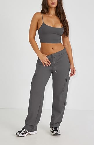 Waitfairy Wide Leg Sweatpants Women Cargo Pants Fleeece High Waisted Baggy Sweatpants for Women Casual Pants with 8 Pockets Grey M2