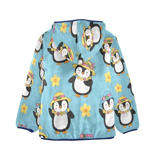 Penguin Pattern with Flowers Toddler Fleece Jacket Girl Boys Hooded Fleece Jacket Coat Warm Outwear Zip-up 3-10T2
