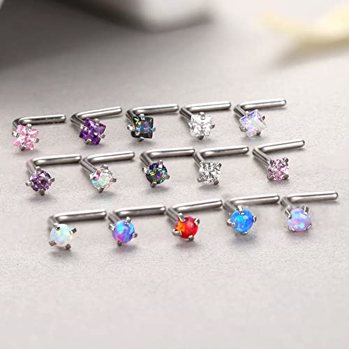 MILACOLATO Hypoallergenic Nose Rings 15Pcs 18G 20G Surgical Stainless Steel Nose Rings Studs L Shaped Screw Studs Rings Cubic Zirconia Nose Ring Labret Lip Nose Piercing Jewelry for Women Men3