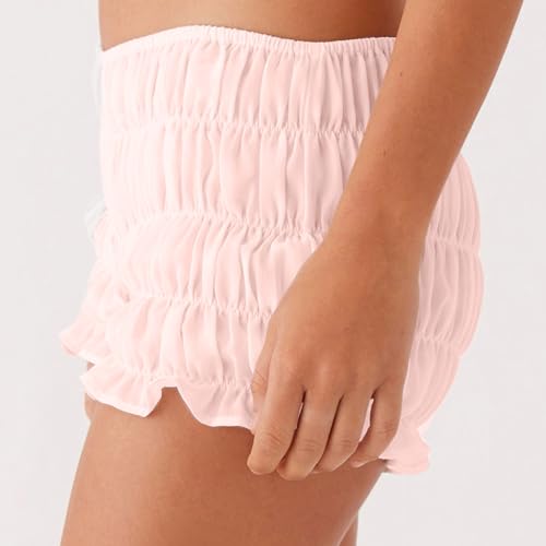 Image of NUFIWI Women's Y2k Ruched Mini Shorts Low Waist Ruffle Frill Bloomers Lounge Pajamas Smocked Micro Shorts Sleepwear