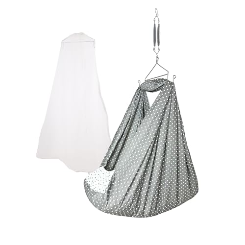 Image of beetot Baby Cradle Set Swing /Jhula (Thottil Cloth, Palna, Dolna) | Hanging Cradle with Removable Bed, Mosquito Net, Spring, Triangle Hanger | Up to 15 kg | 0-2 Years | PRE-Print MELANCHI DOT-15983