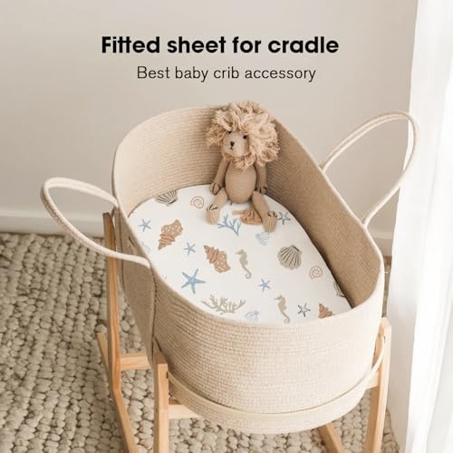 Image of Little Grape Land Bassinet Sheets 3 Pack, 33 inch x 18 inch Fitted Bassinet Sheets Up to 4 inch Deep Pocket, Ultra Soft Baby Bassinet Fitted Sheets for Bassinet Mattress, Ocean Friends