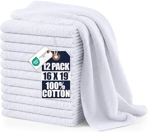 Utopia Towels Kitchen Bar Mops 16 x 19 Inches, 100% Cotton Super Absorbent Ribbed Bar Towels, Multi-Purpose Cleaning Towels for Home and Kitchen Bars 12 Pack White