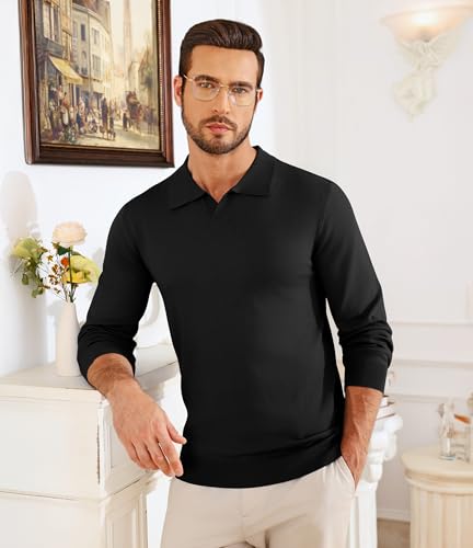 Lexiart Mens Knit Polo Shirts Long Sleeve V Neck Breathable Soft Casual Lightweight Solid Color Golf Shirts2