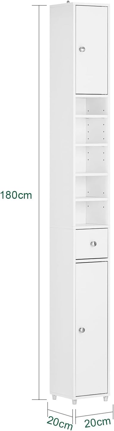 Haotian Bathroom Tall Cabinet with 1 Drawer, 2 Doors and Adjustable Shelves, Slender Extra Storage Cabinet, Anti-Tipping Floor Tall Cabinet Cupboard, White BZR34-W, 7.9