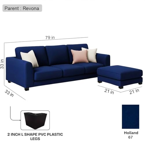 Image of FURNY Revona 4 Seater L Shape Sofa Set with Movable Ottoman | Flexible Left or Right Layout | Plush Velvet Fabric (Dark Blue) | Perfect for Living Room, Guest Room & Office