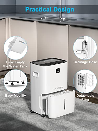 Energy Star 70 Pints Dehumidifiers For Home, Veagaso 5,000 Sq.ft Dehumidifier For Basement With Drain Hose, Large Room, Bathroom, Closet, Intelligent Humidity Control, Cloth Cover For Storage, White #TOP7