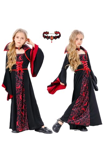 Disfraz de vampira niña rojo y negro en velour miniatura 1