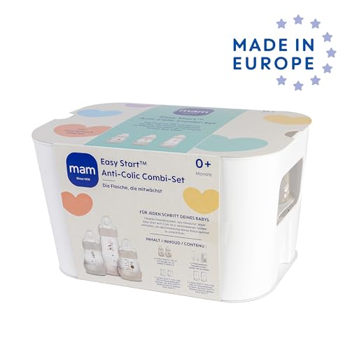 MAM Easy Start Anti-Colic Combi-Set, Babyflaschen Set mit 6 Flaschen gegen Koliken (2 x 130 ml, 160 ml, 260 ml) & Flaschenkorb, Babyausstattung ab der Geburt, beige