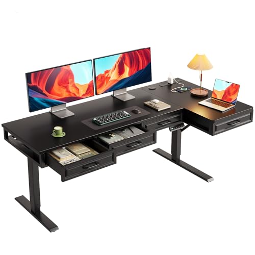 Image of OffiGo 63 Inch L Shaped Standing Desk with 4 Wooden Drawers, Black