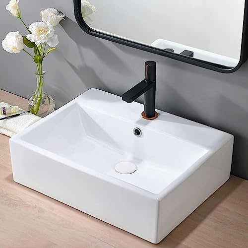 VAPSINT Rectangular Vessel Sink,21"x16" Rectangle White Procelain Ceramic Above Counter Bathroom Sink Wall Mount Vanity Lavatory Bath Art Basin Sinks with Single Faucet Hole