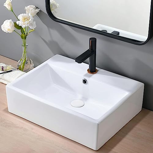 Vapsint Rectangular Vessel Sink,21"X16" Rectangle White Procelain Ceramic Above Counter Bathroom Sink Wall Mount Vanity Lavatory Bath Art Basin Sinks With Single Faucet Hole #TOP3