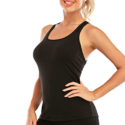 Image of Women's Padded Sports Bra Removable Strappy Longline Yoga Tank Top Workout Crop Criss Cross Back Fitness Top, Deep Black No Bra, Small